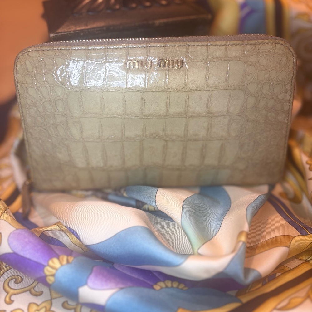 Miu Miu Croc-Embossed Greige Zippy Long Wallet